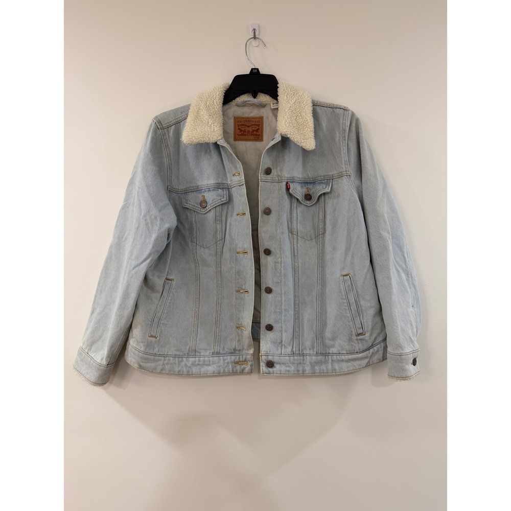 Levis Womens Light Wash Denim Trucker Jacket Faux Shearling Collar 1X
